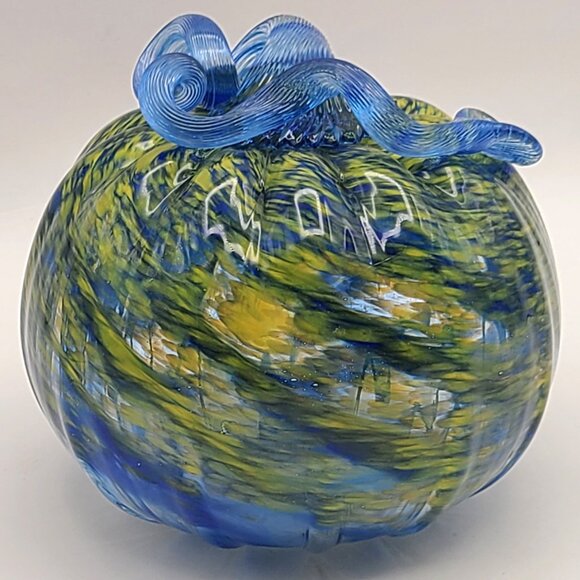 John Fenton Art Glass Pumpkin Blue Yellow Frit Appears Greenish 2014 4 1/2" Dm - Picture 4 of 11